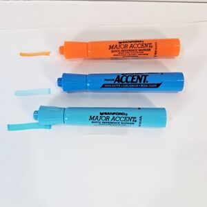 Vintage Sanford Major Accent Highlighters Set Broad Point Dk Blue Lt Blue Orange
